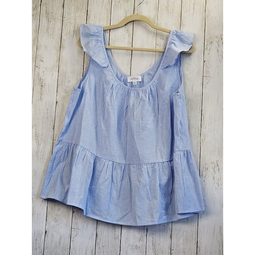Kaileigh Sz 1XL Boho Blue Stripe Flutter Shoulder Ruffle Waist Sleeveless Top